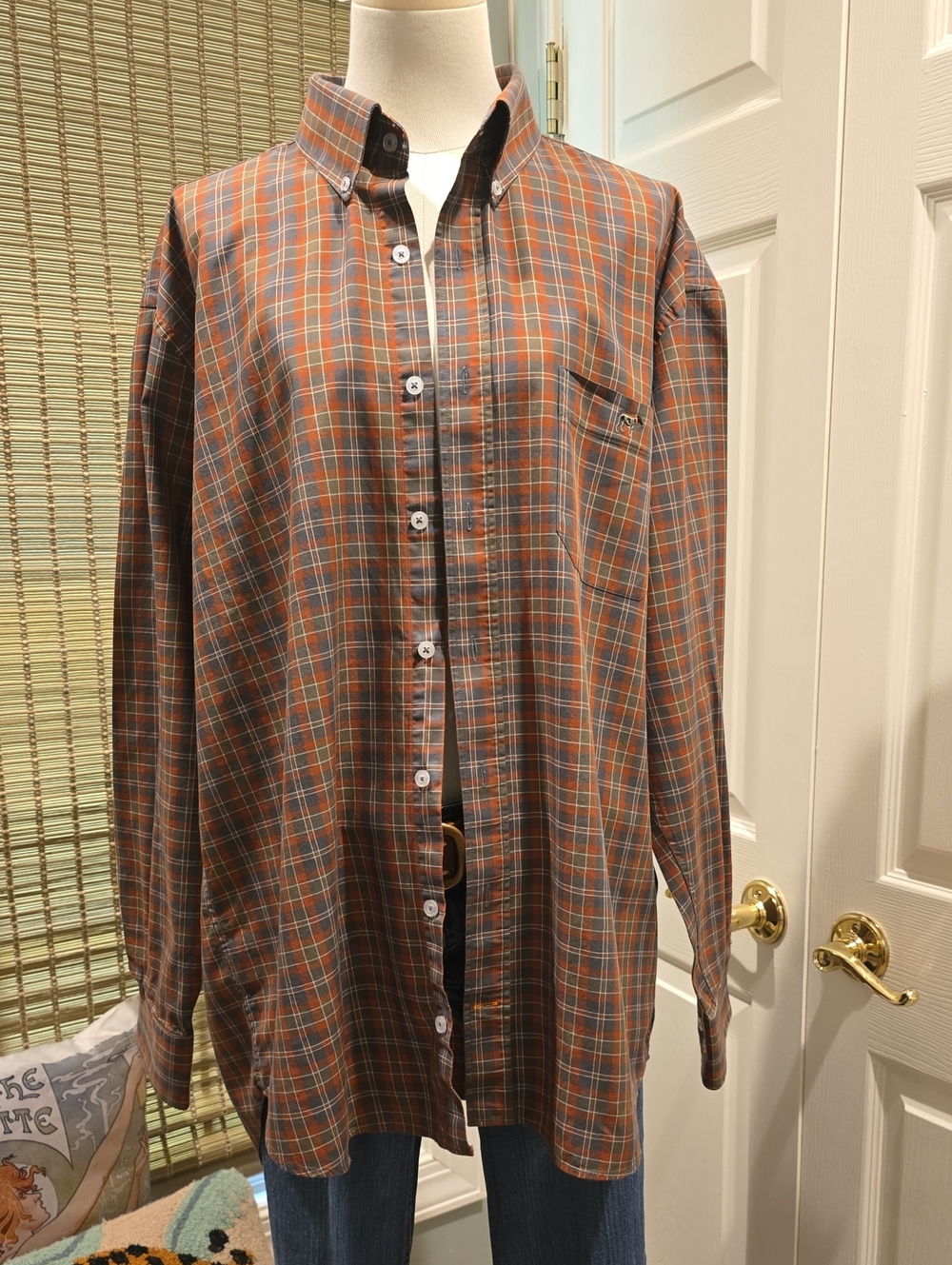 Men's Plaid Button-Down Shirt in Rust and Blue